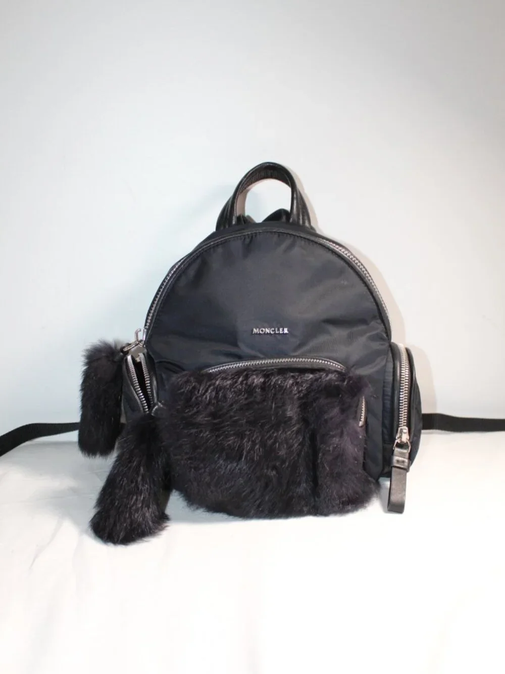 Moncler Nylon Black Backpack Rabbit Fur Trim
